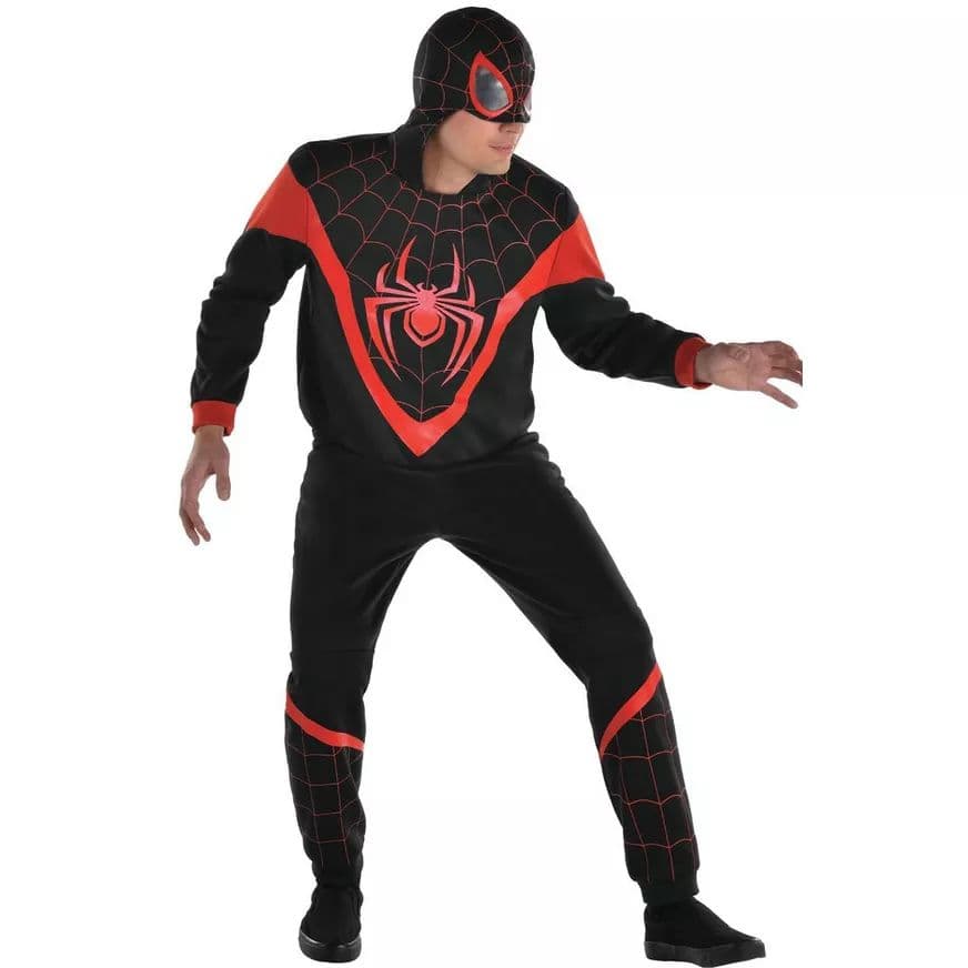 Men's Disney Marvel Spider-Man Miles Morales Red/Black Jumpsuit with Mask Halloween Costume, Assorted Sizes