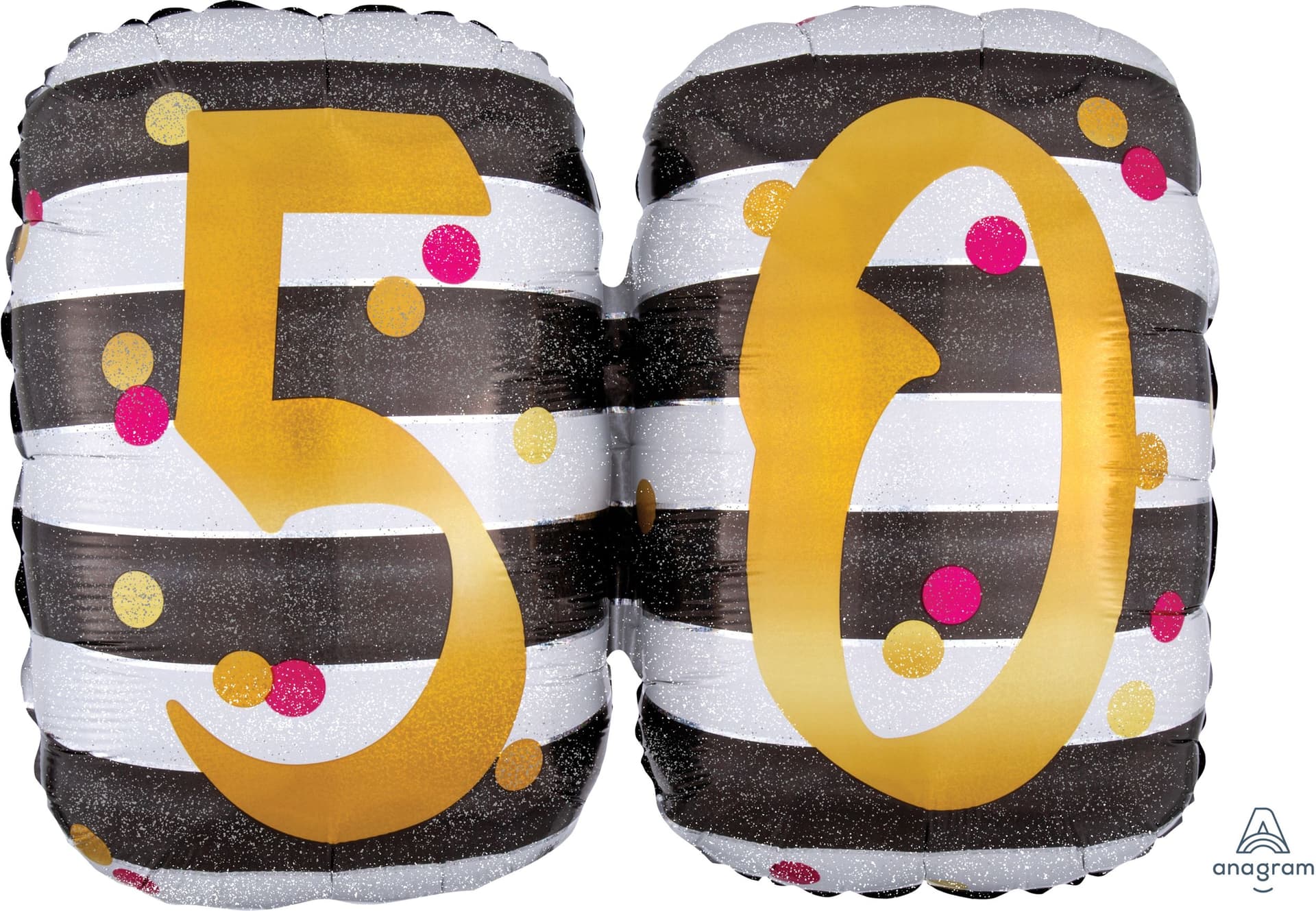 Prismatic Pink & Gold "50" Round Satin Foil Balloon, Black/White, Striped, 25-in, Helium Inflation & Ribbon Included for Birthday Party