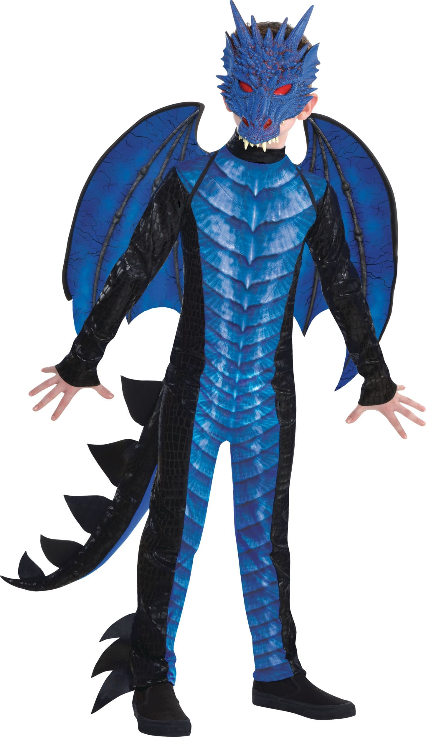 Kids' Dragon Black/Blue Jumpsuit with Mask & Tail Halloween Costume, Assorted Sizes