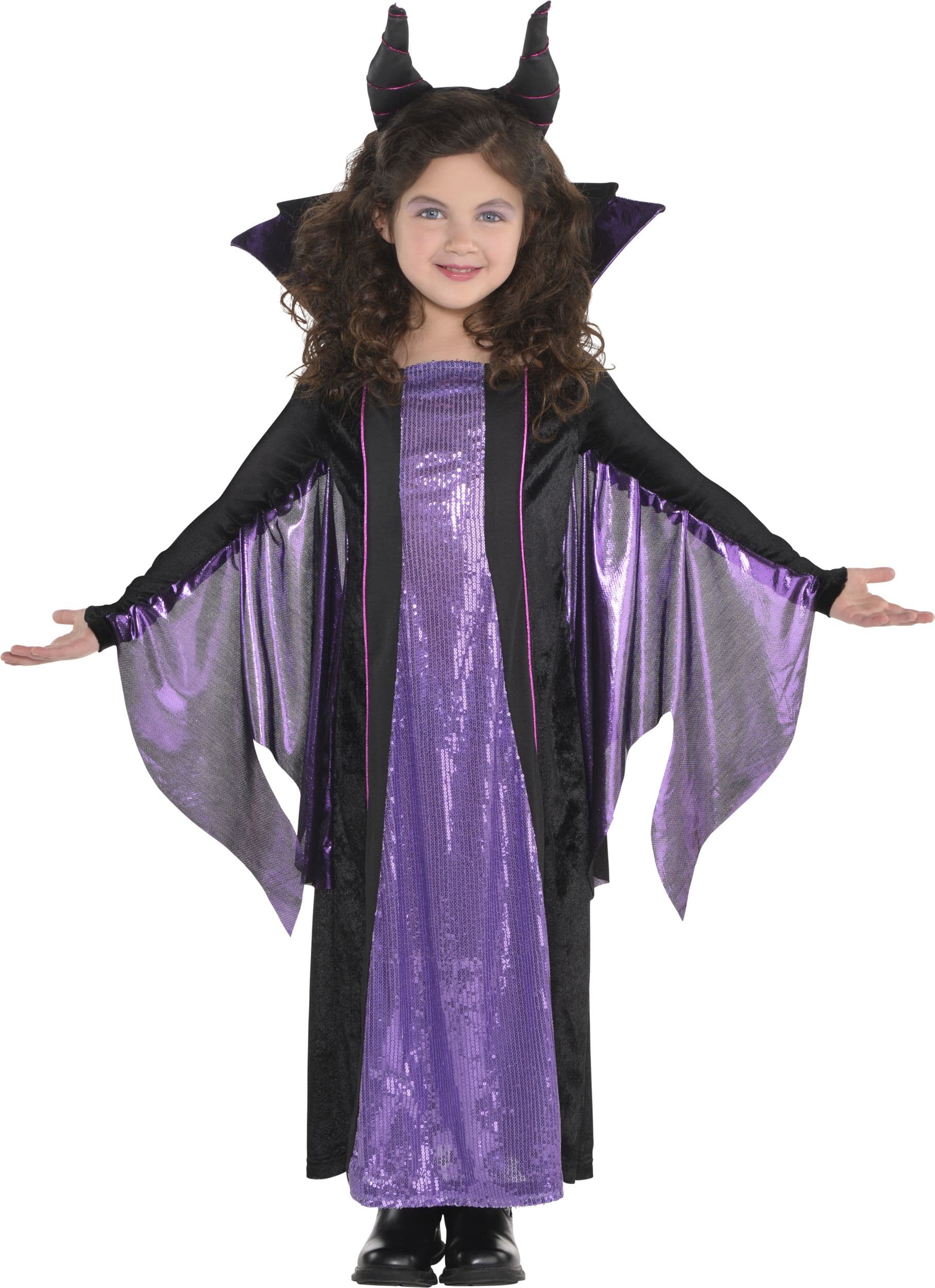 Kids' Disney Sleeping Beauty Maleficent Black/Purple Sequin Dress with Headband Halloween Costume, Assorted Sizes