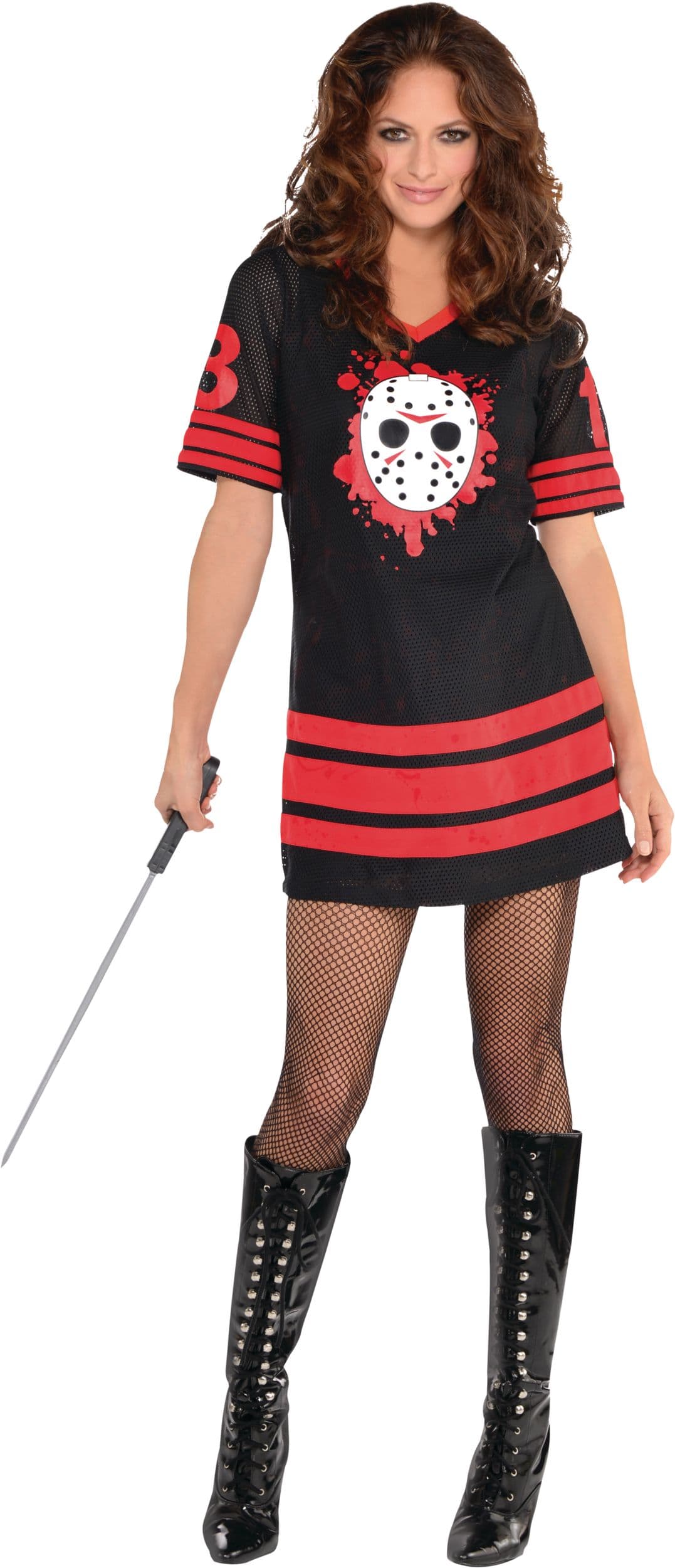 Women's Friday the 13th Miss Voorhees Black/Red Hockey Jersey Dress Halloween Costume, Assorted Sizes