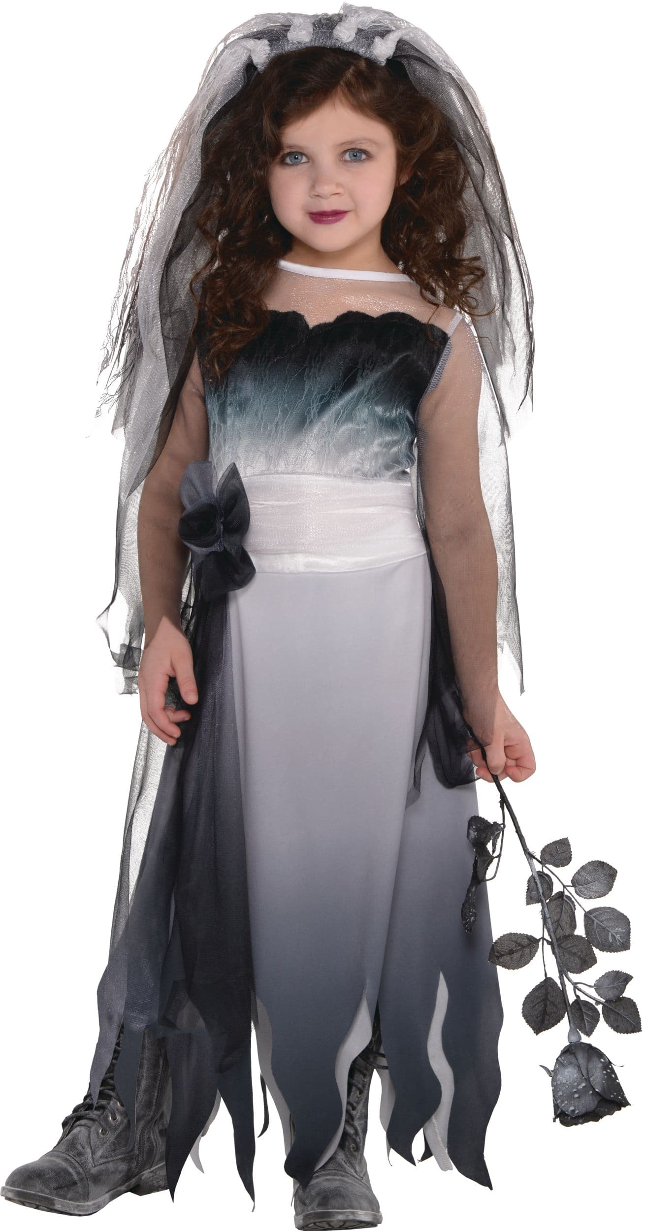 Kids' Graveyard Bride Black Dress with Veil Halloween Costume, Assorted Sizes