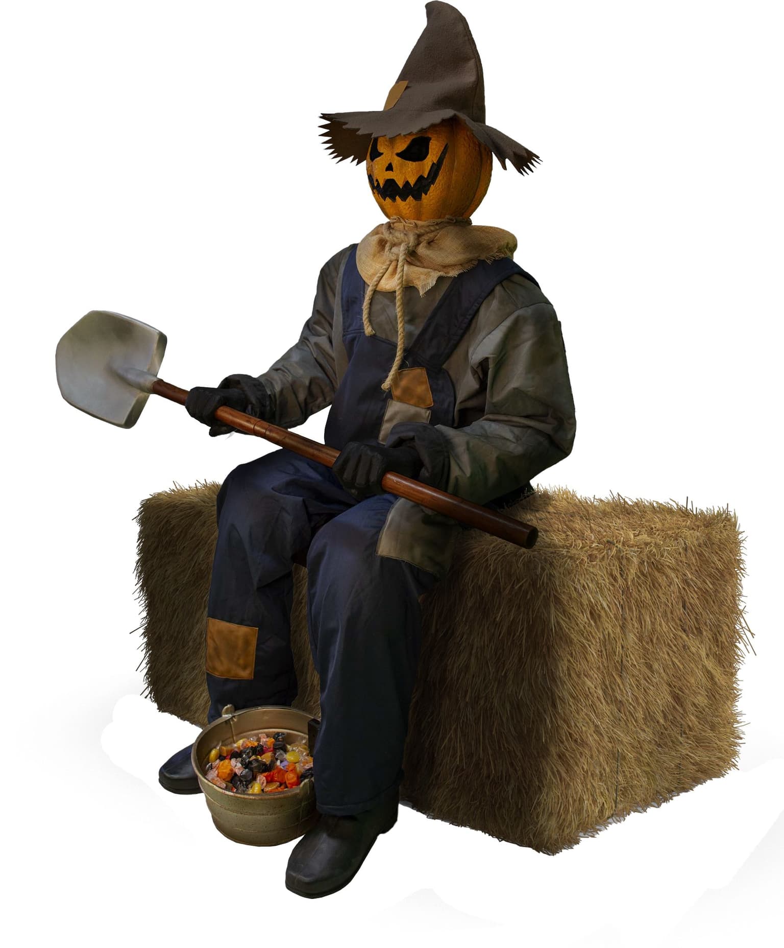 Scarecrow Jack-O'-Lantern Animated Sitting Door Greeter Character, Orange/Blue, 5-ft, Sound Activated Indoor/Outdoor Decoration for Halloween