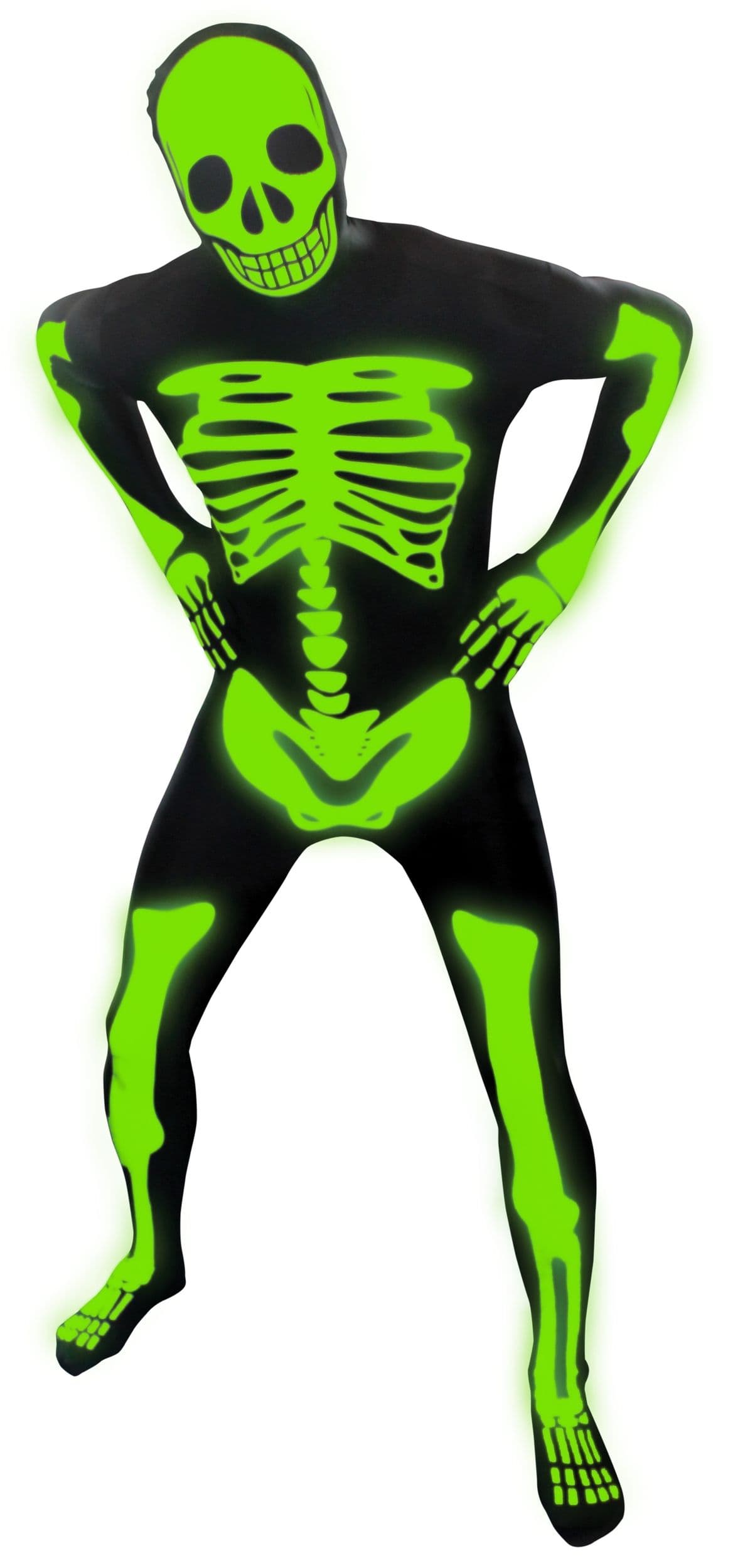 Men's X-Ray Skeleton Black/Green Glow-in-the-Dark Jumpsuit with Mask & Gloves Halloween Costume, Assorted Sizes