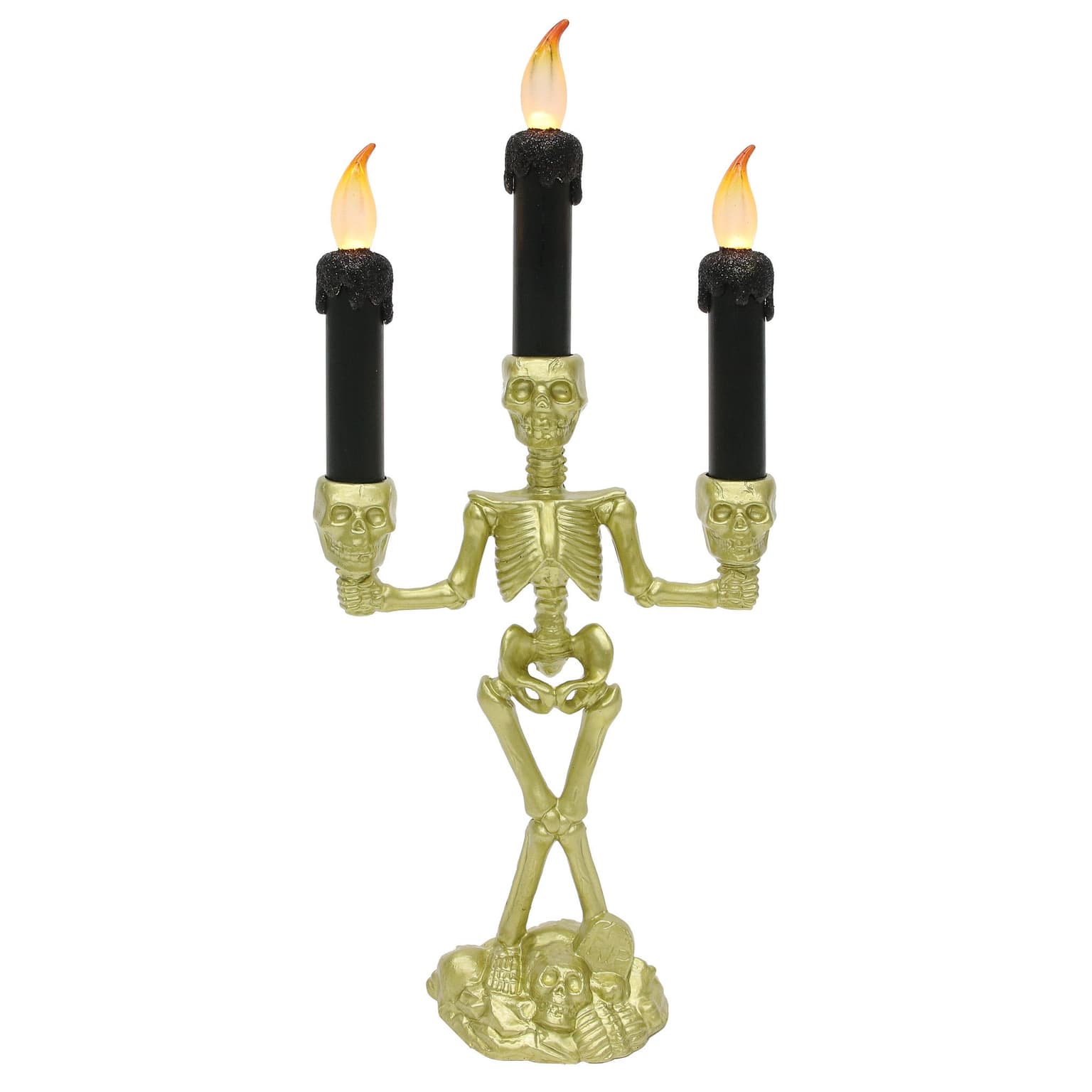 Animated Skeleton Candelabra, Black/Gold, 14-in, Light Activated Indoor/Outdoor Decoration for Halloween
