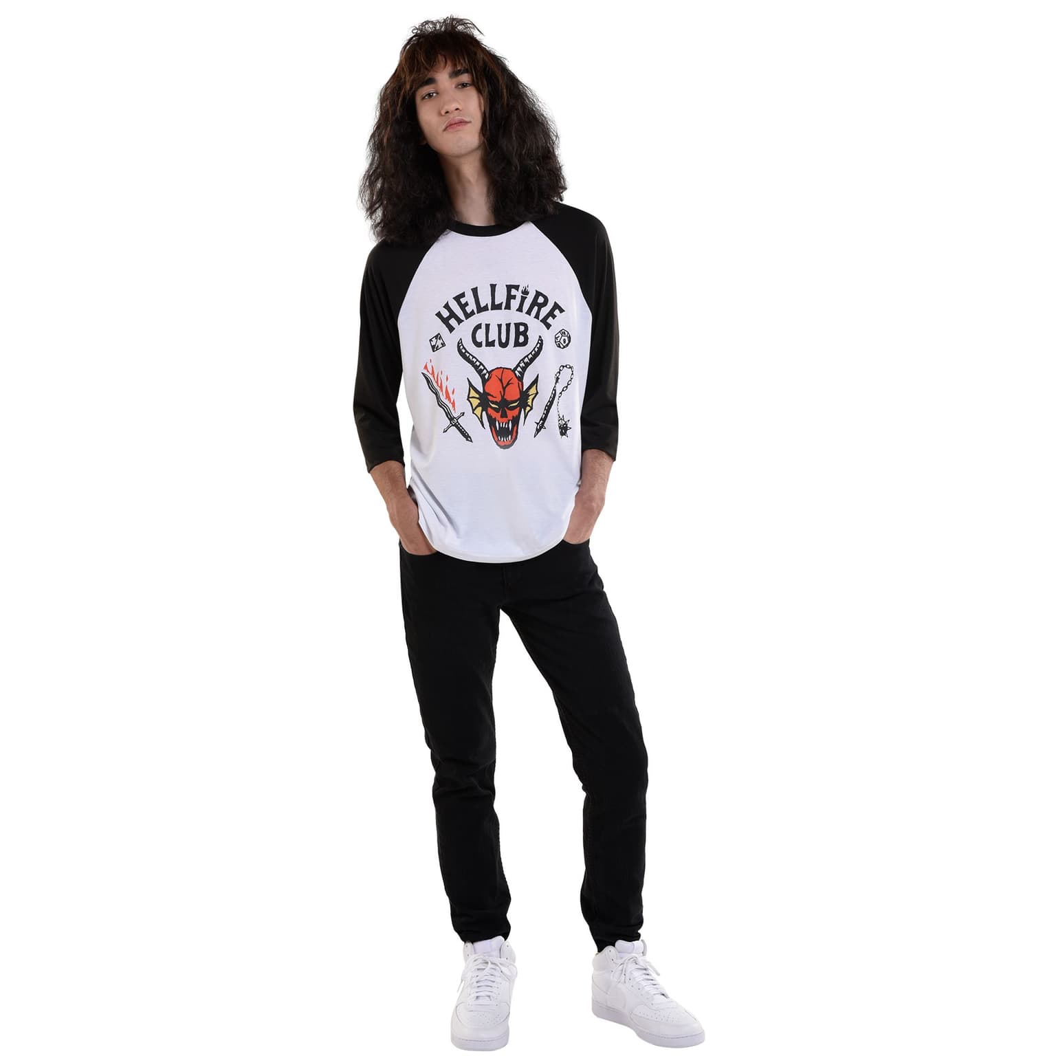 Men's Stranger Things "Hellfire Club" Eddie Munson Long Sleeve Shirt, Black/White, Assorted Sizes, Wearable Costume Accessory for Halloween