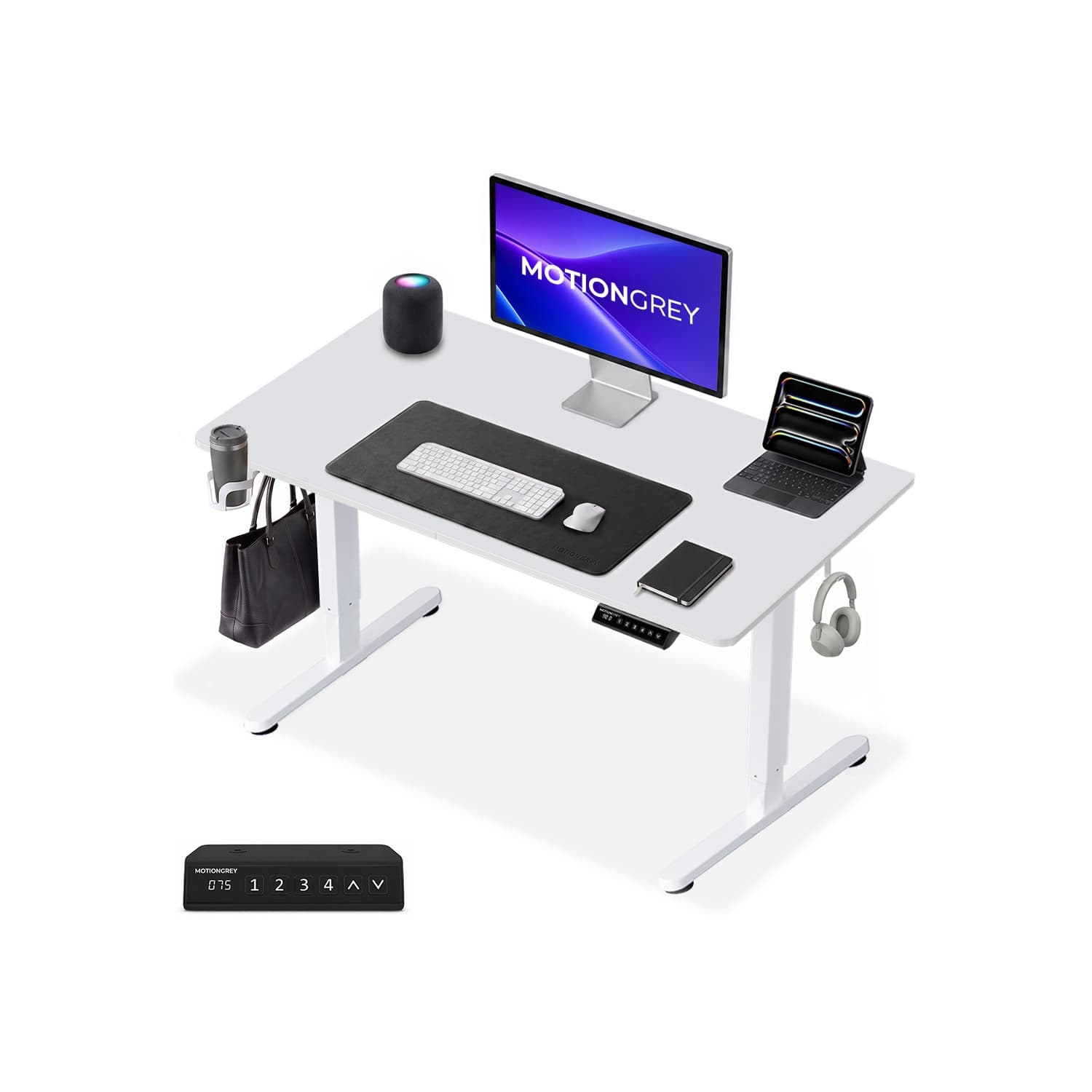 MotionGrey 2026 Ergo2 - Adjustable Electric Standing Desk, Memory Settings, 43”x 24”, Ergonomic Home Office Desk, Cup Holder & Hook - White Top White Frame
