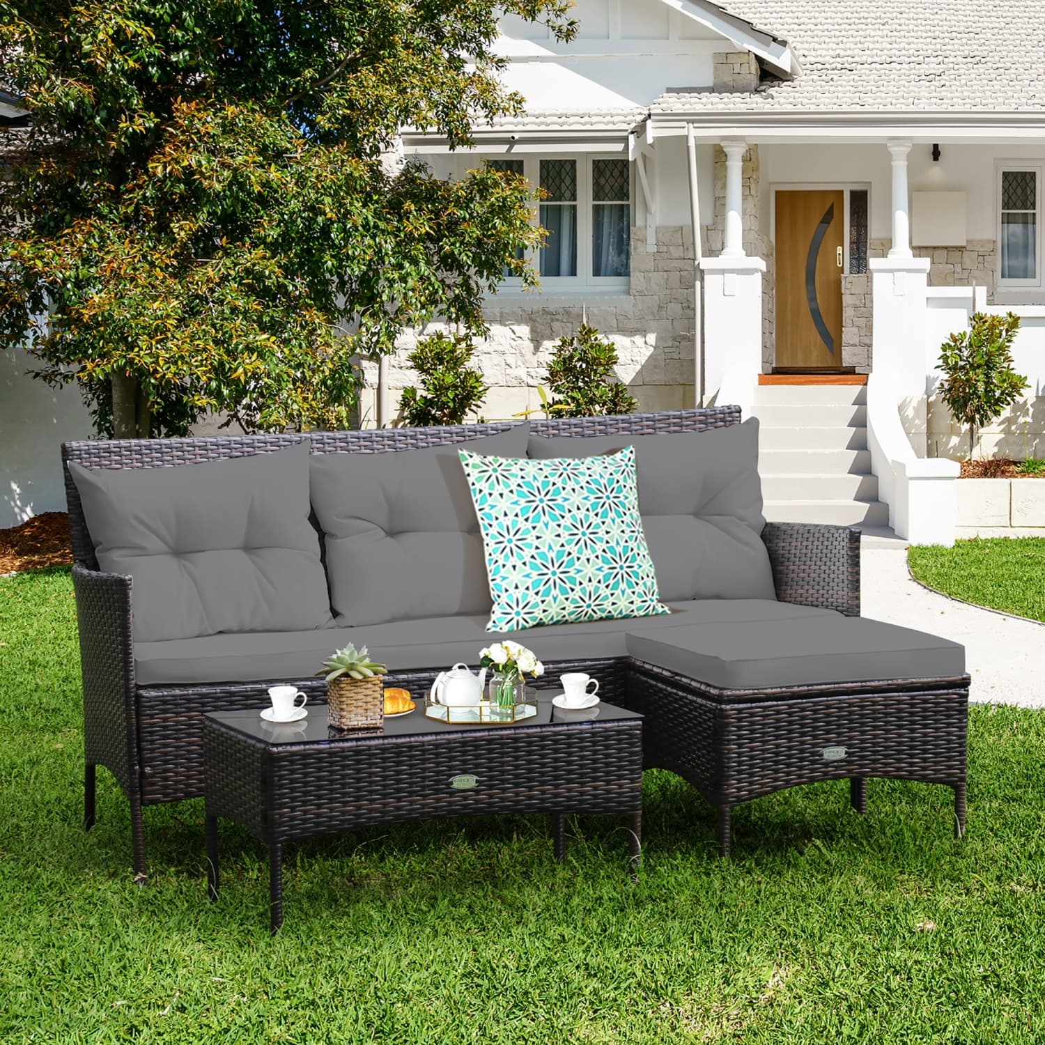 Costway 3PCS Patio Rattan Furniture Set 3-Seat Sofa Cushioned Table Garden