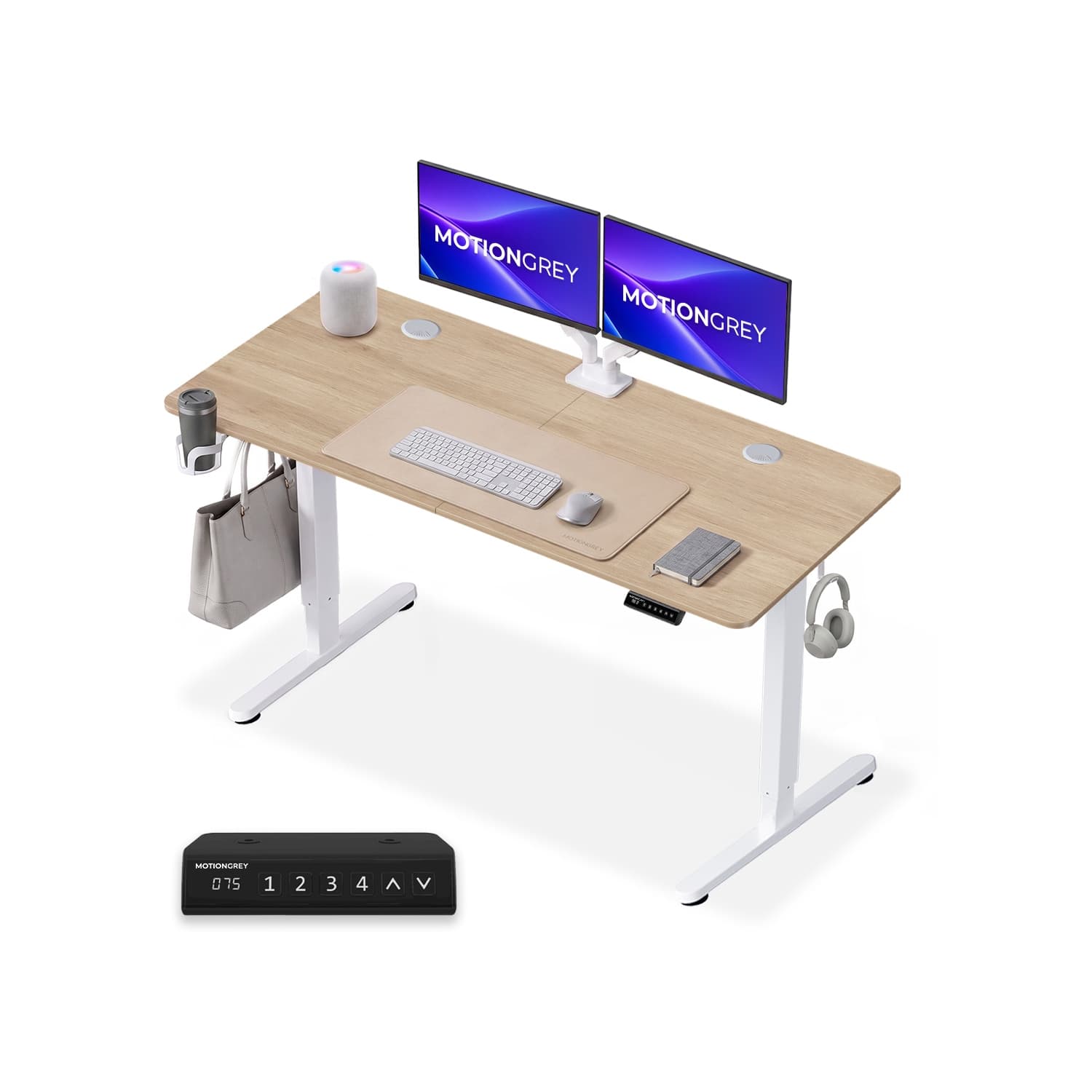MotionGrey Ergo2 Adjustable Electric Standing Desk 4 Memory Settings 55" x 24" Light Brown Top White Frame - Ergonomic Desk for Home and Office - With Cup Holder, Hook & Mousepad