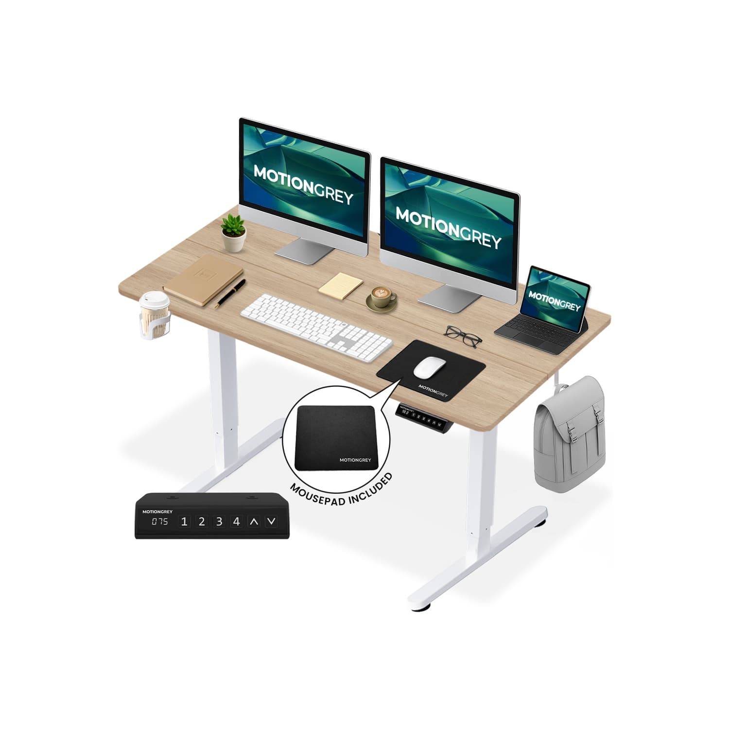 MotionGrey Ergo2 - Adjustable Electric Standing Desk 4 Memory Settings - 47" x 24" Light Brown Top White Frame - Ergonomic Desk for Home and Office Cup With Holder, Hooks, Mousepad