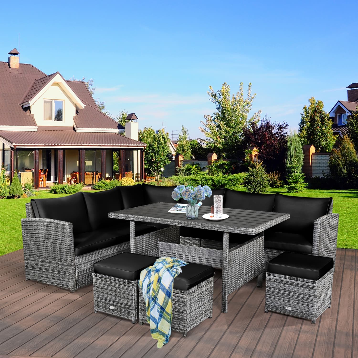 Costway 7 PCS Patio Rattan Dining Set Sectional Sofa Couch Ottoman Garden Black