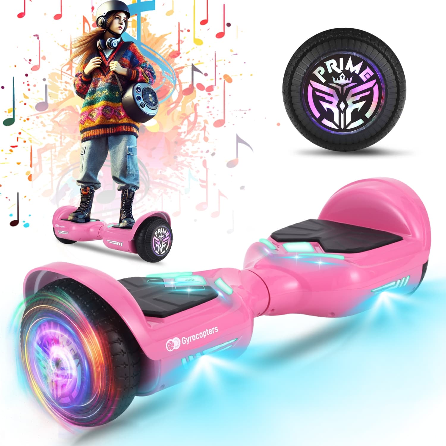 Gyrocopters Prime All-Terrain Hoverboard for Kids | Speed up to 15km/h | 300W Powerful Motor | 6.5” LED wheels | 165lbs weight capacity | UL2272 certified | Range up to 8 km (PINK)