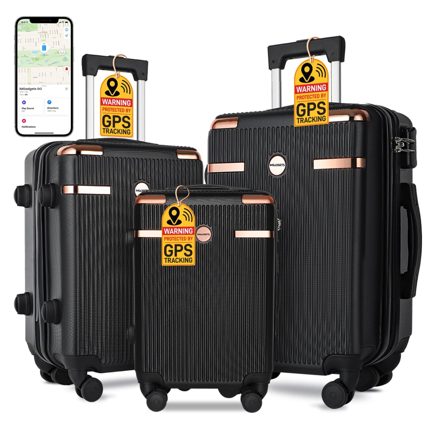 IMGadgets Go Luggage Set (3 pc) | FREE 3 Smart GPS Trackers, Hard Side Lightweight & Durable ABS Polycarbonate | 360° Spinner Wheel | TSA-Approved Lock | Retractable Handle (Black)